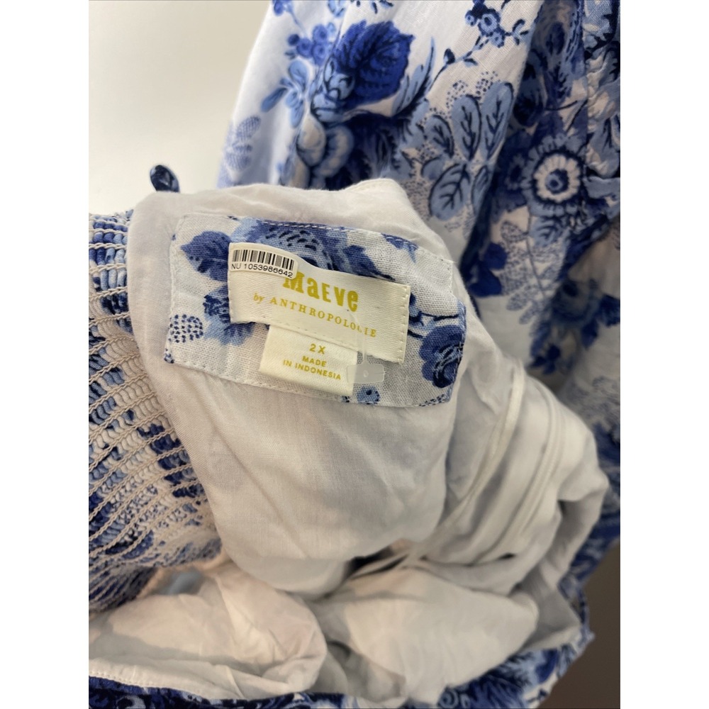 Plus Anthropologie 2X Maeve Blue White Floral Print Drop-Waist Dress - Picture 9 of 10